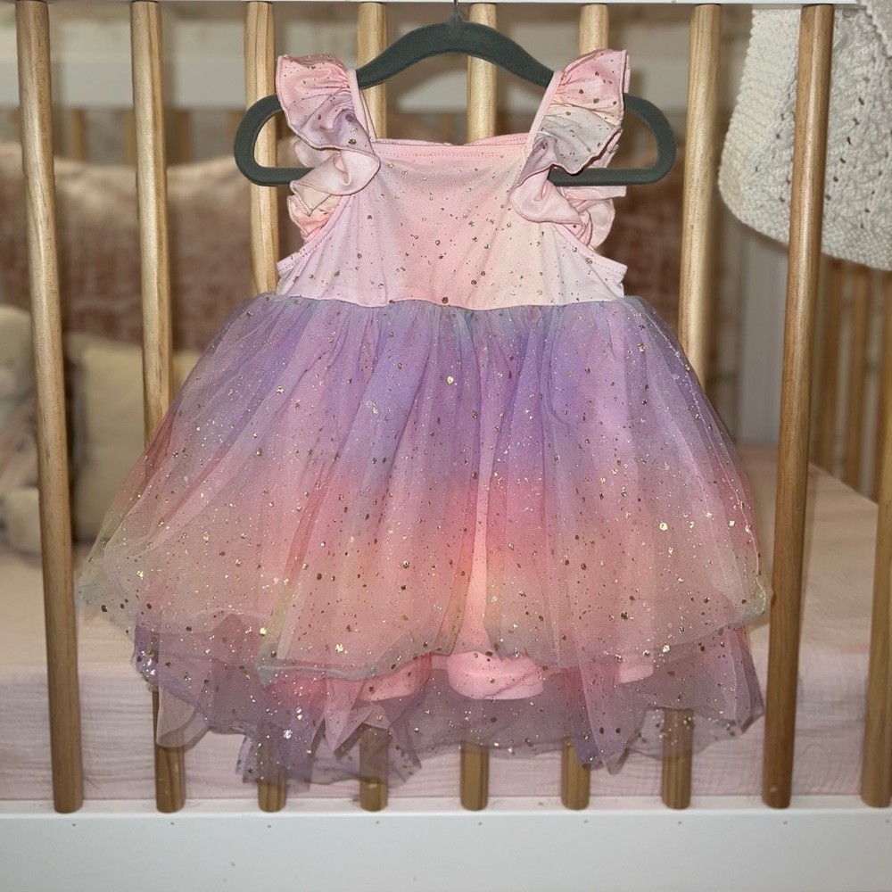 Rainbow Toile Dress with Gold Sparkles - Boutique